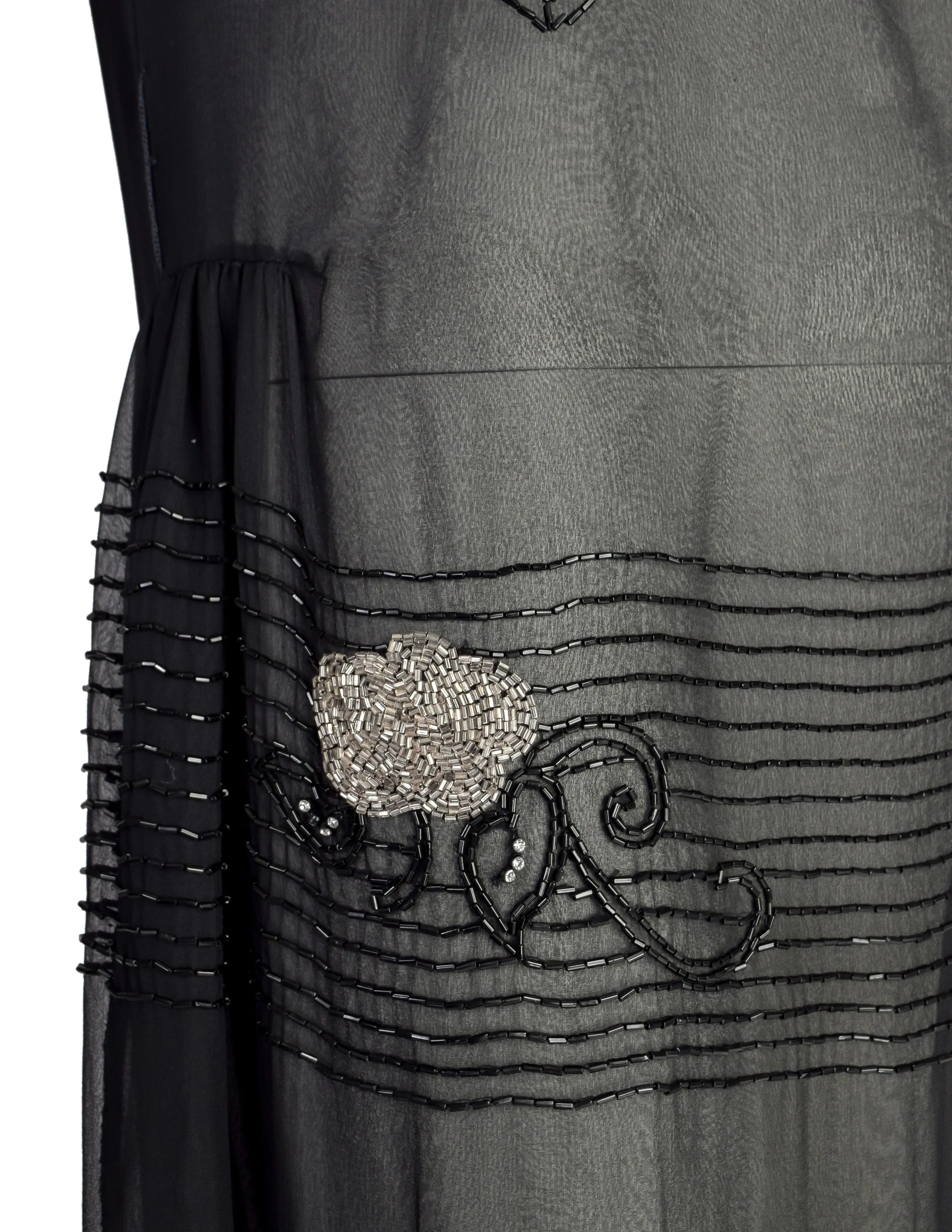 Abby Fredelle Vintage 80s Does 20s Black Sheer Silk Chiffon Beaded Flapper Style Dress
