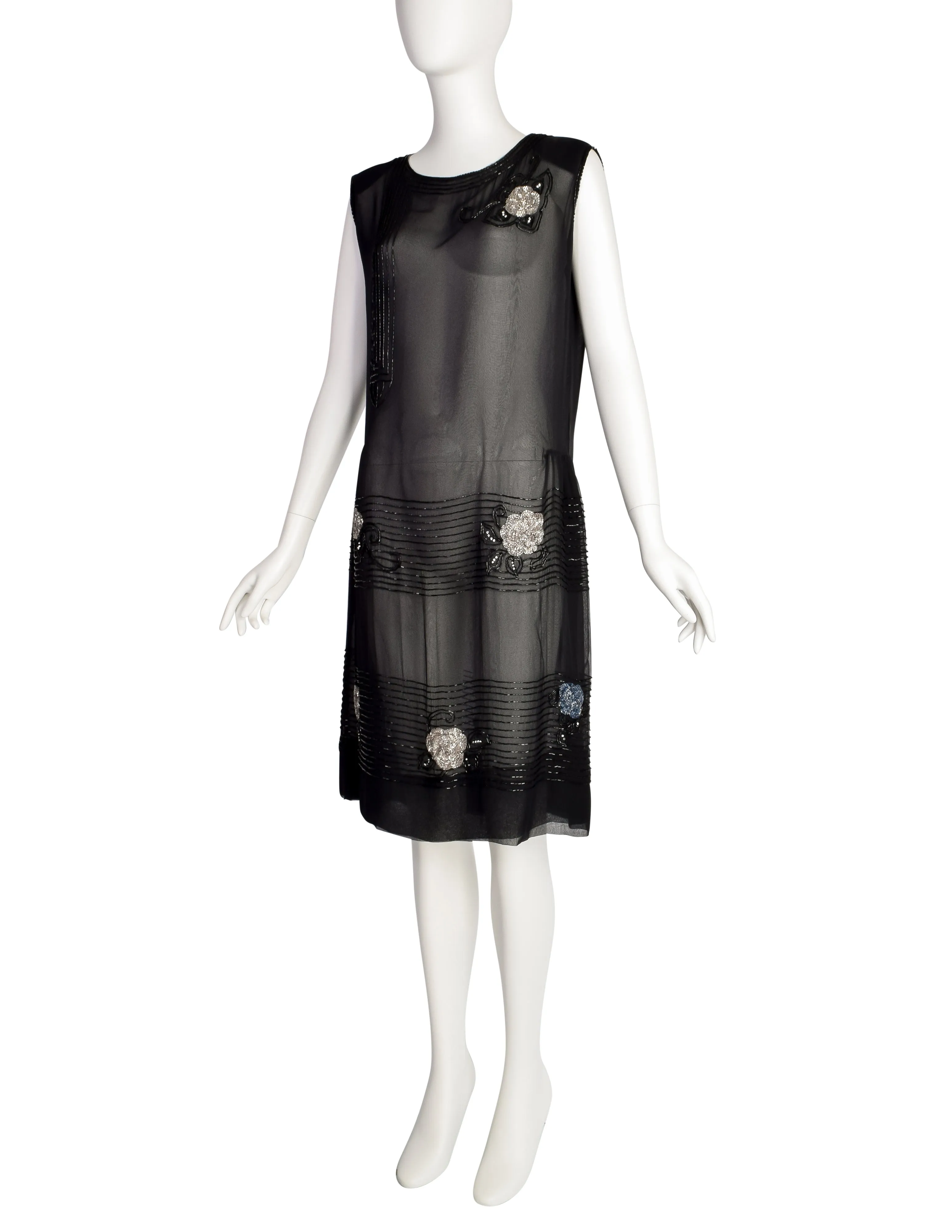 Abby Fredelle Vintage 80s Does 20s Black Sheer Silk Chiffon Beaded Flapper Style Dress