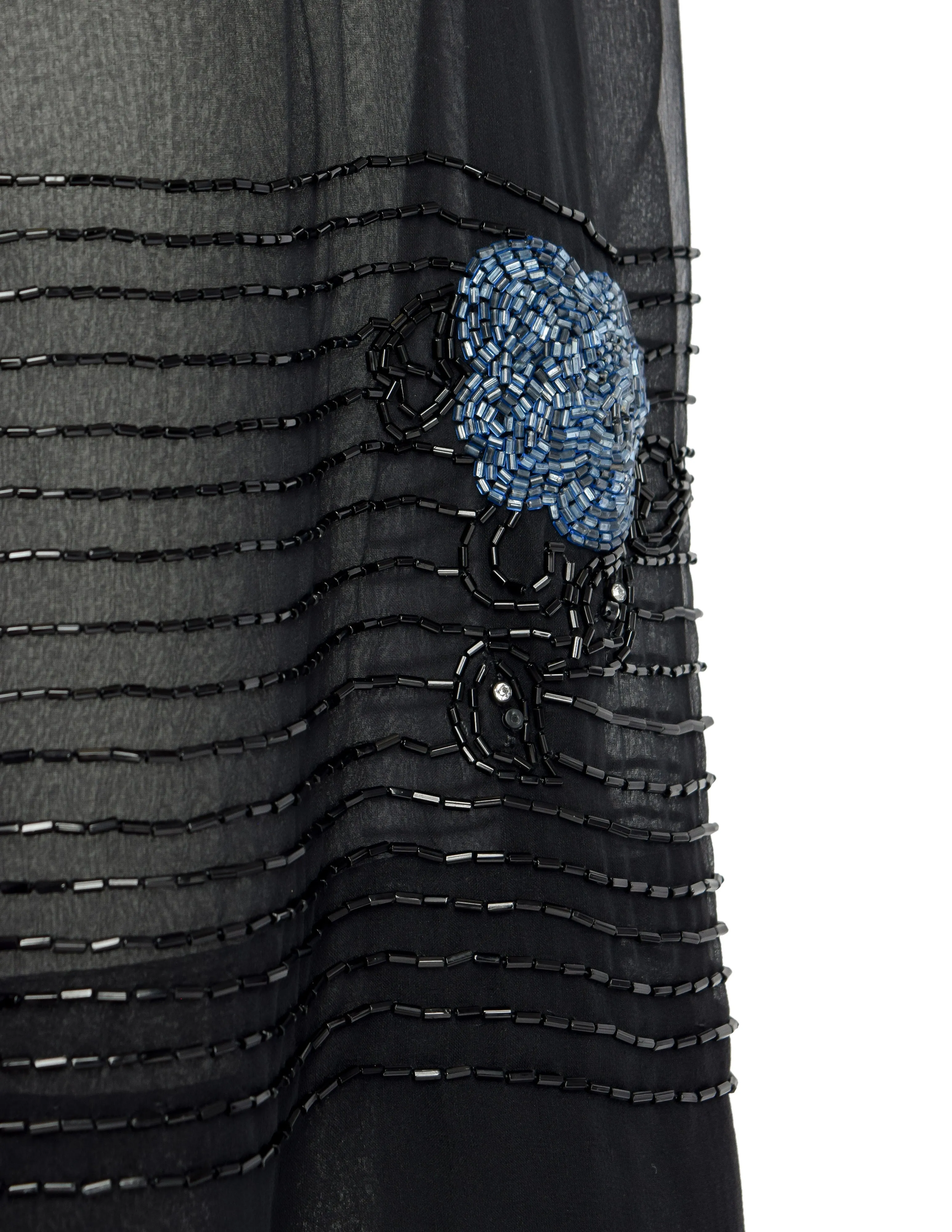 Abby Fredelle Vintage 80s Does 20s Black Sheer Silk Chiffon Beaded Flapper Style Dress
