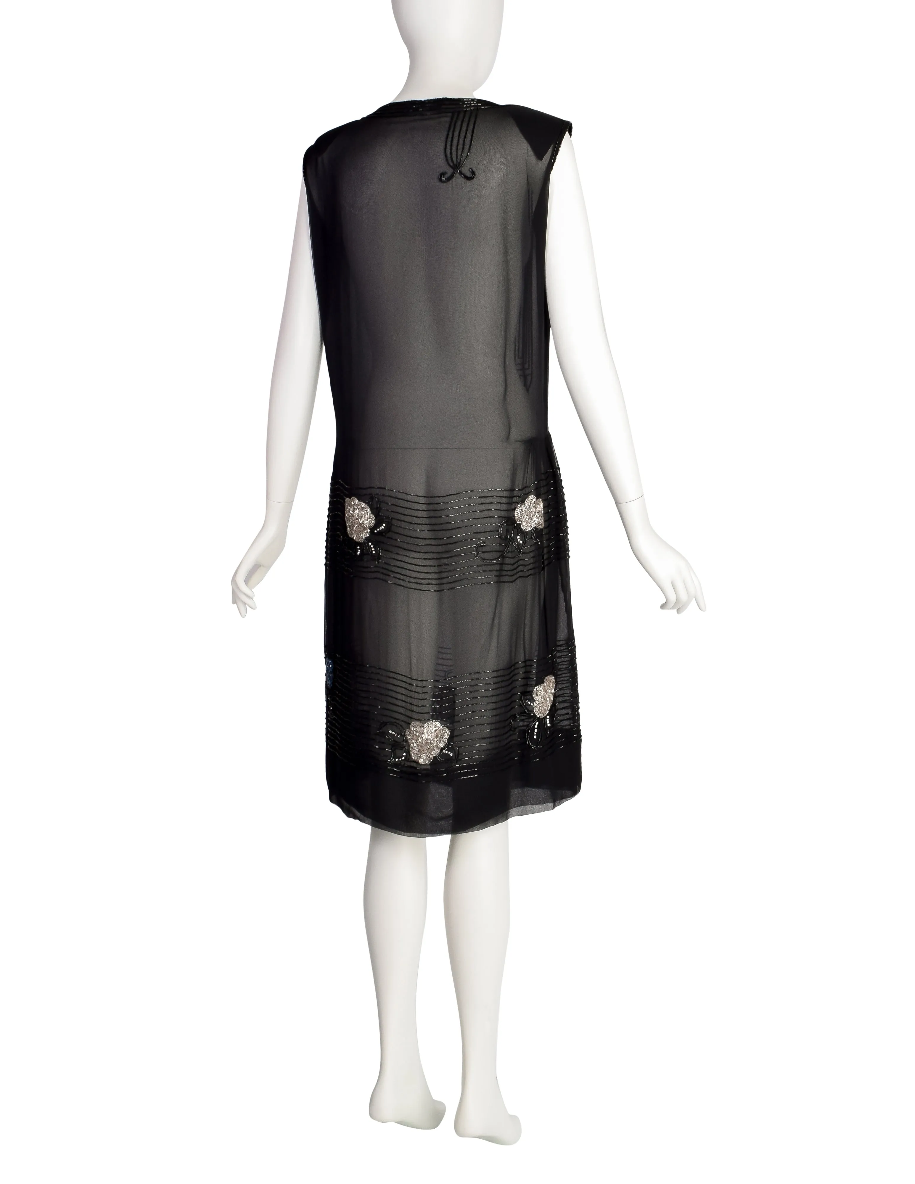 Abby Fredelle Vintage 80s Does 20s Black Sheer Silk Chiffon Beaded Flapper Style Dress