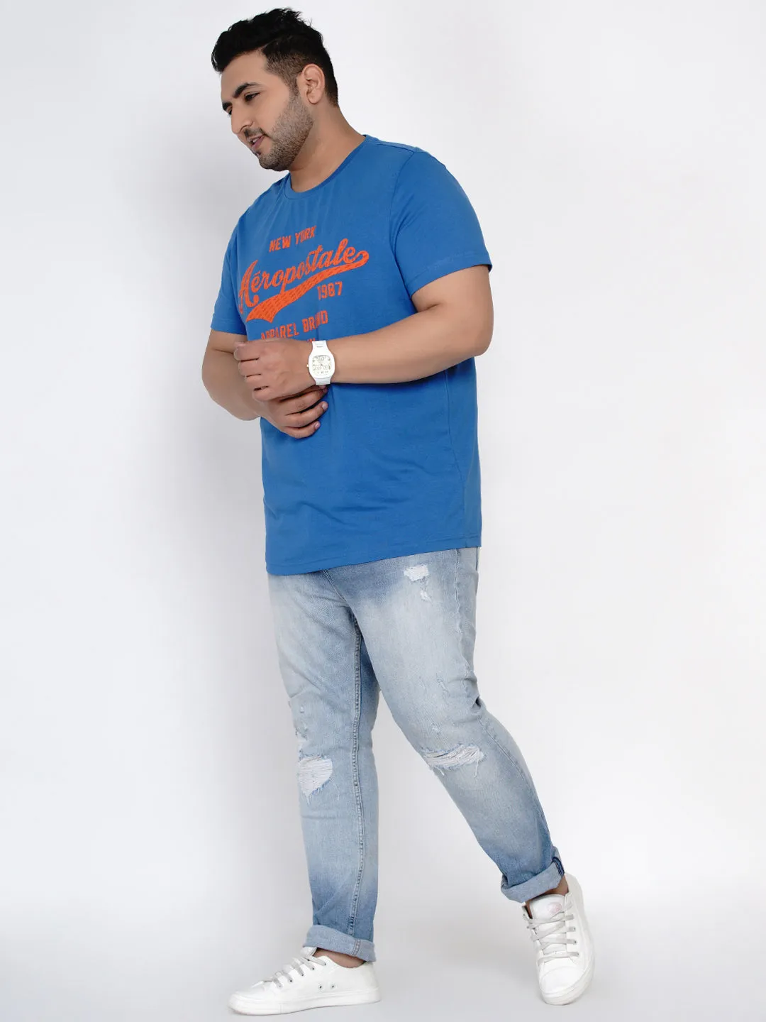 Aeropostale - Men Blue Plus Size Regular Fit Pure Cotton Print T-shirts