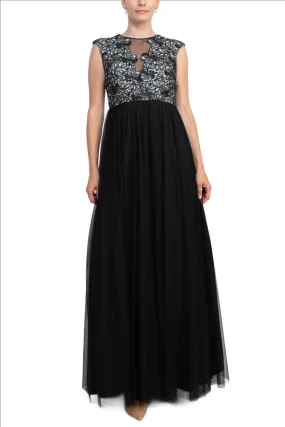 Aidan Mattox Crew Neck Illusion Sleeveless Floral Open Back Embroidered Bodice Ruched Mesh Dress