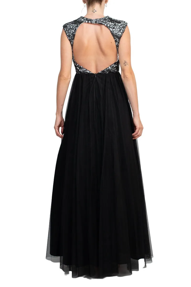 Aidan Mattox Crew Neck Illusion Sleeveless Floral Open Back Embroidered Bodice Ruched Mesh Dress