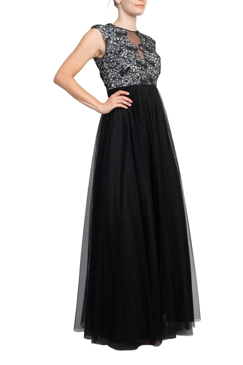 Aidan Mattox Crew Neck Illusion Sleeveless Floral Open Back Embroidered Bodice Ruched Mesh Dress