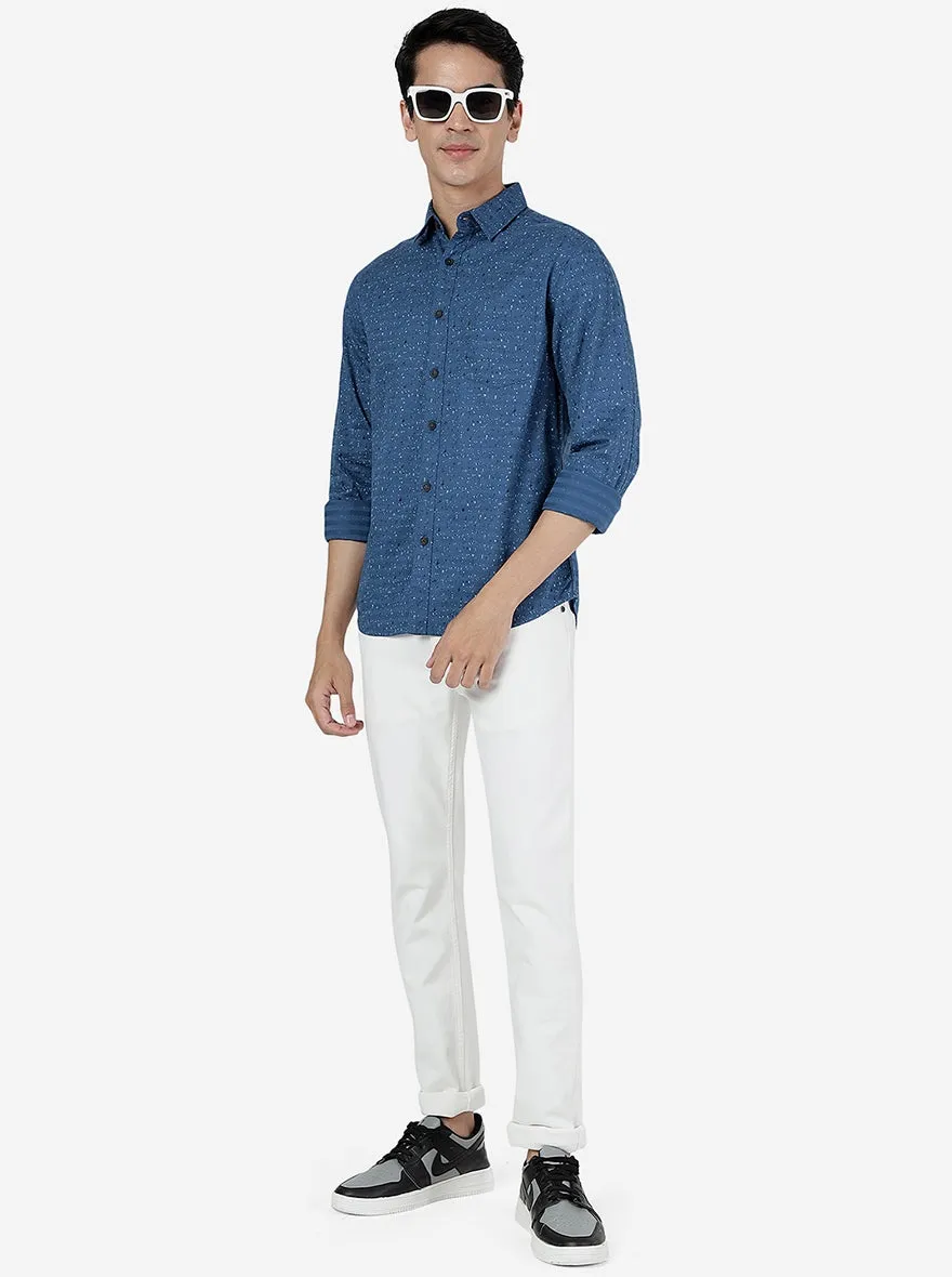 Deep Water Blue Printed Slim Fit Casual Shirt | Greenfibre