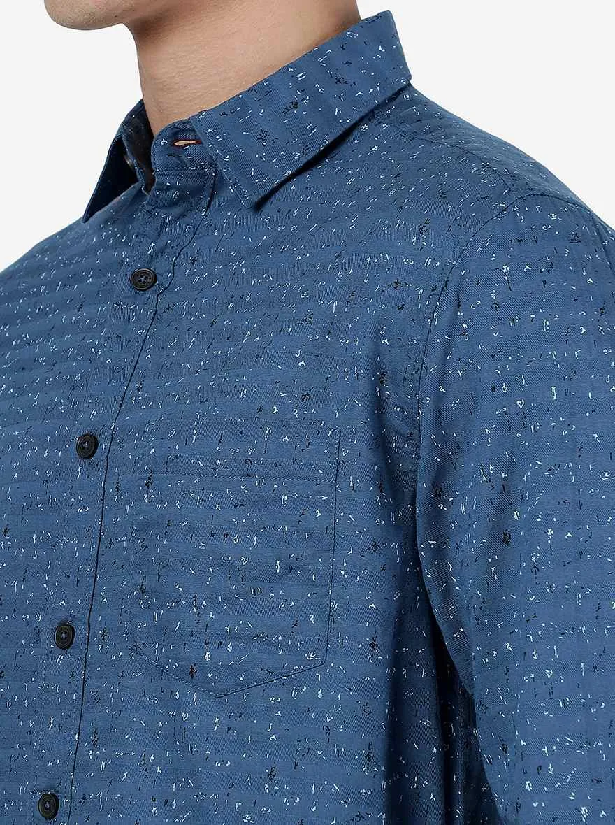 Deep Water Blue Printed Slim Fit Casual Shirt | Greenfibre