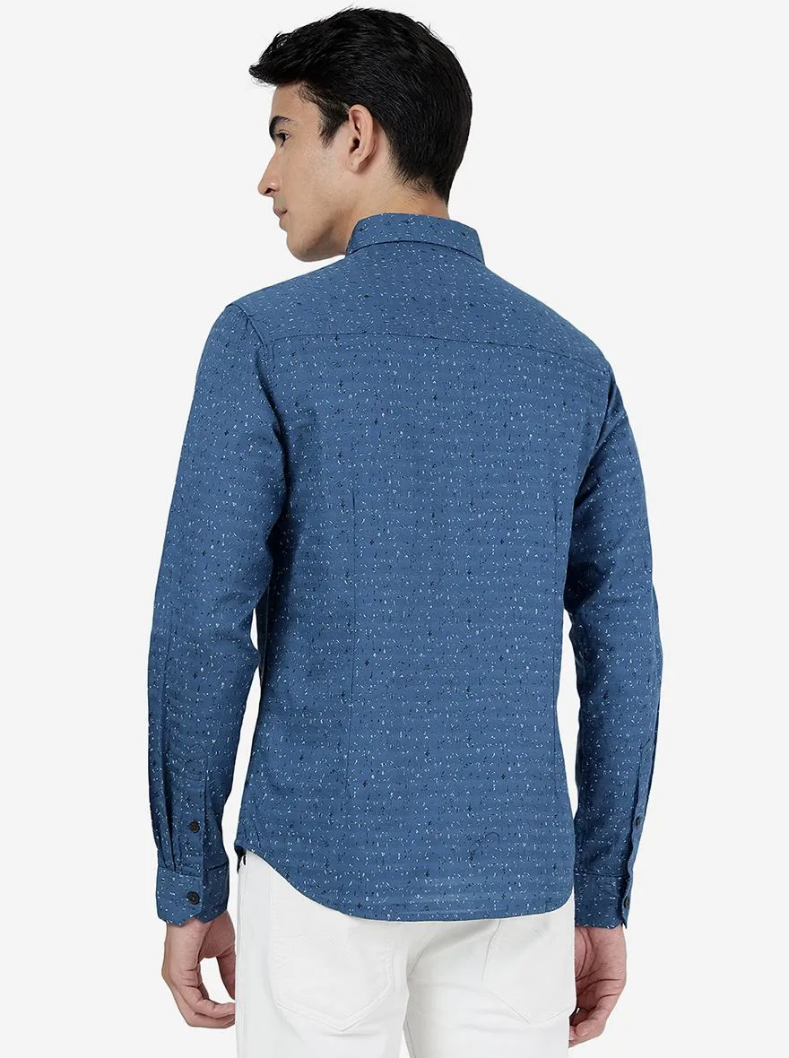 Deep Water Blue Printed Slim Fit Casual Shirt | Greenfibre