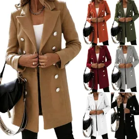 Double-breasted Winter Coat Fashion Turndown Collar Jacket For Women Autumn Long-sleeved Woolen