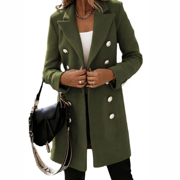 Double-breasted Winter Coat Fashion Turndown Collar Jacket For Women Autumn Long-sleeved Woolen