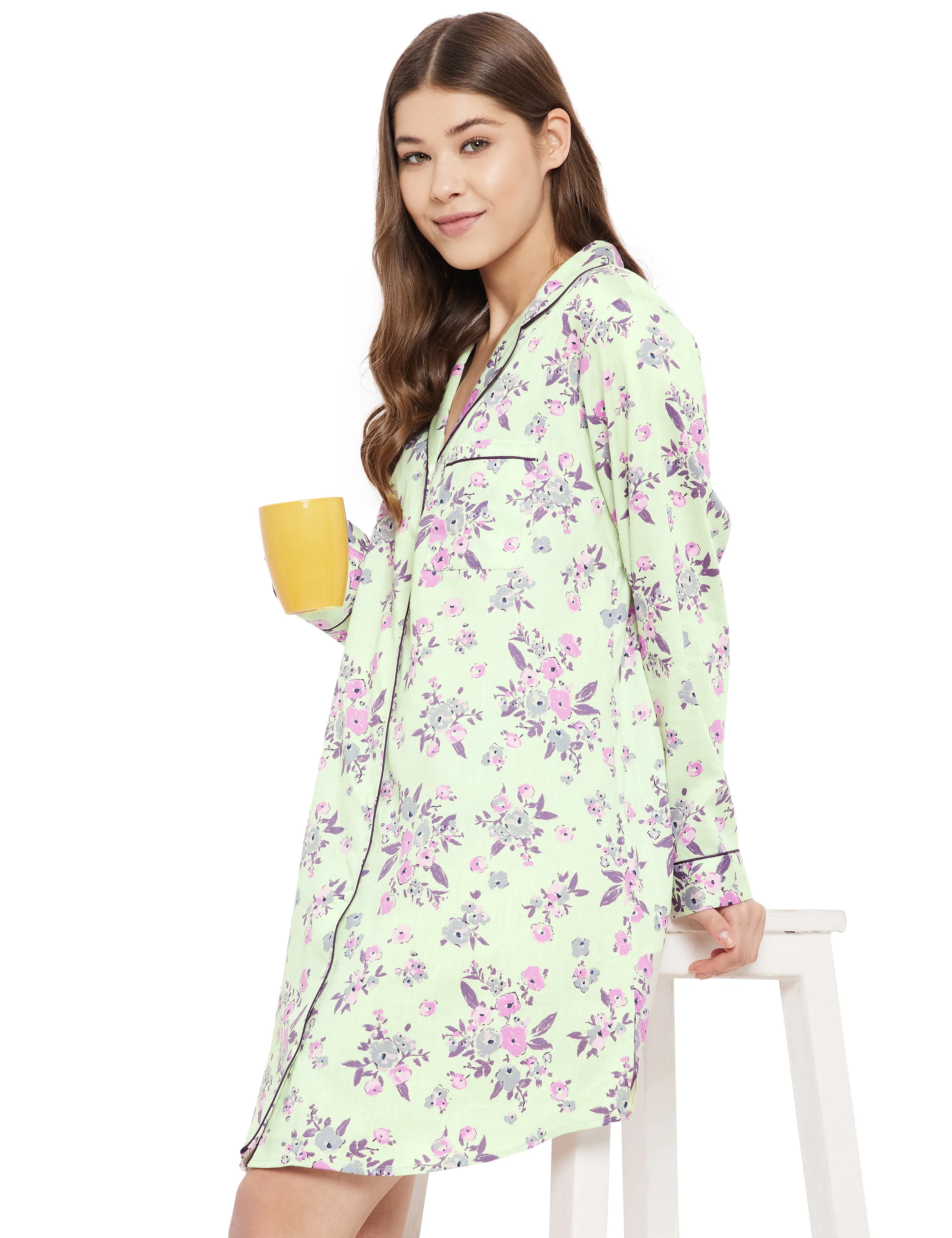 Gina Cotton Satin Full Sleeve Night Shirt