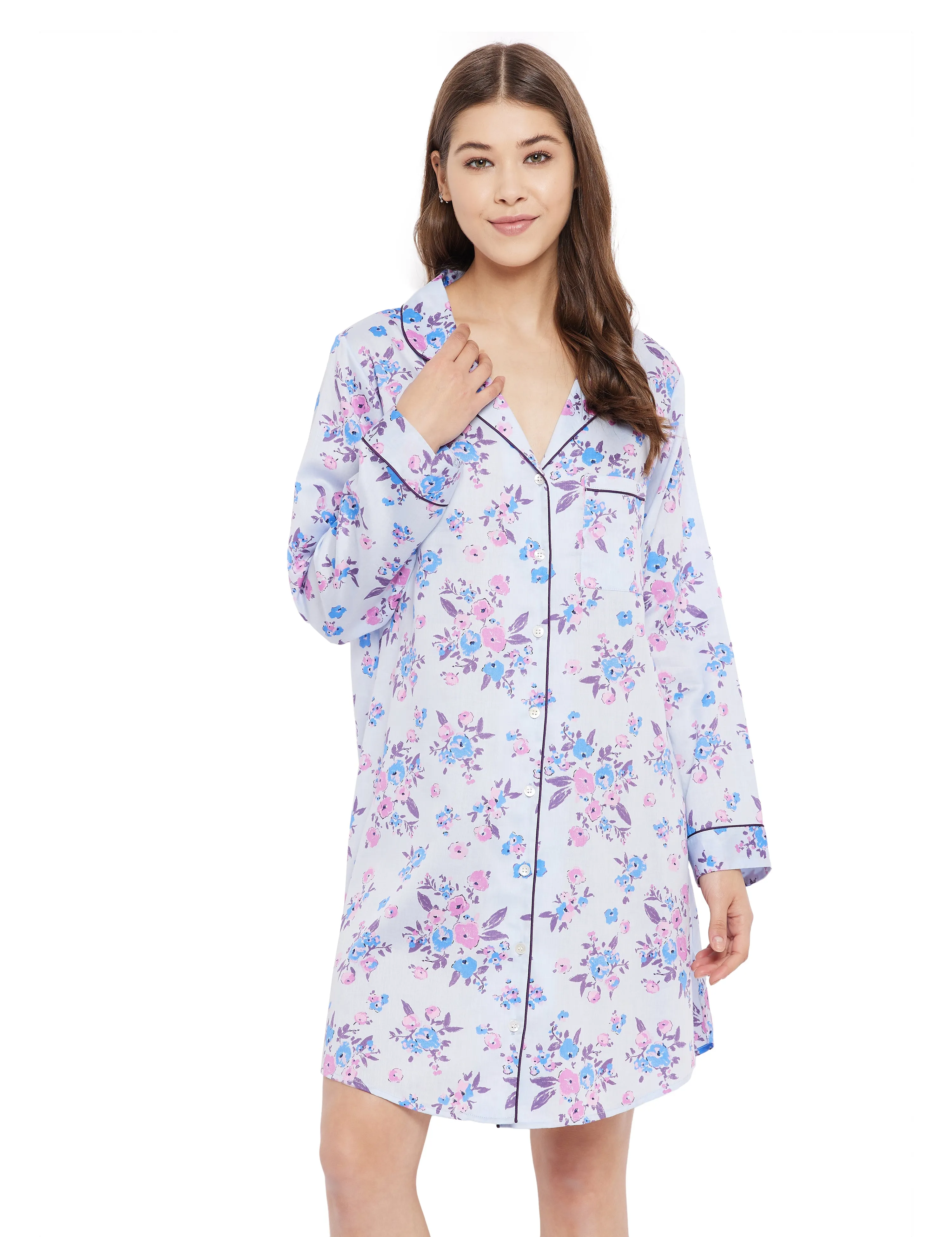 Gina Cotton Satin Full Sleeve Night Shirt