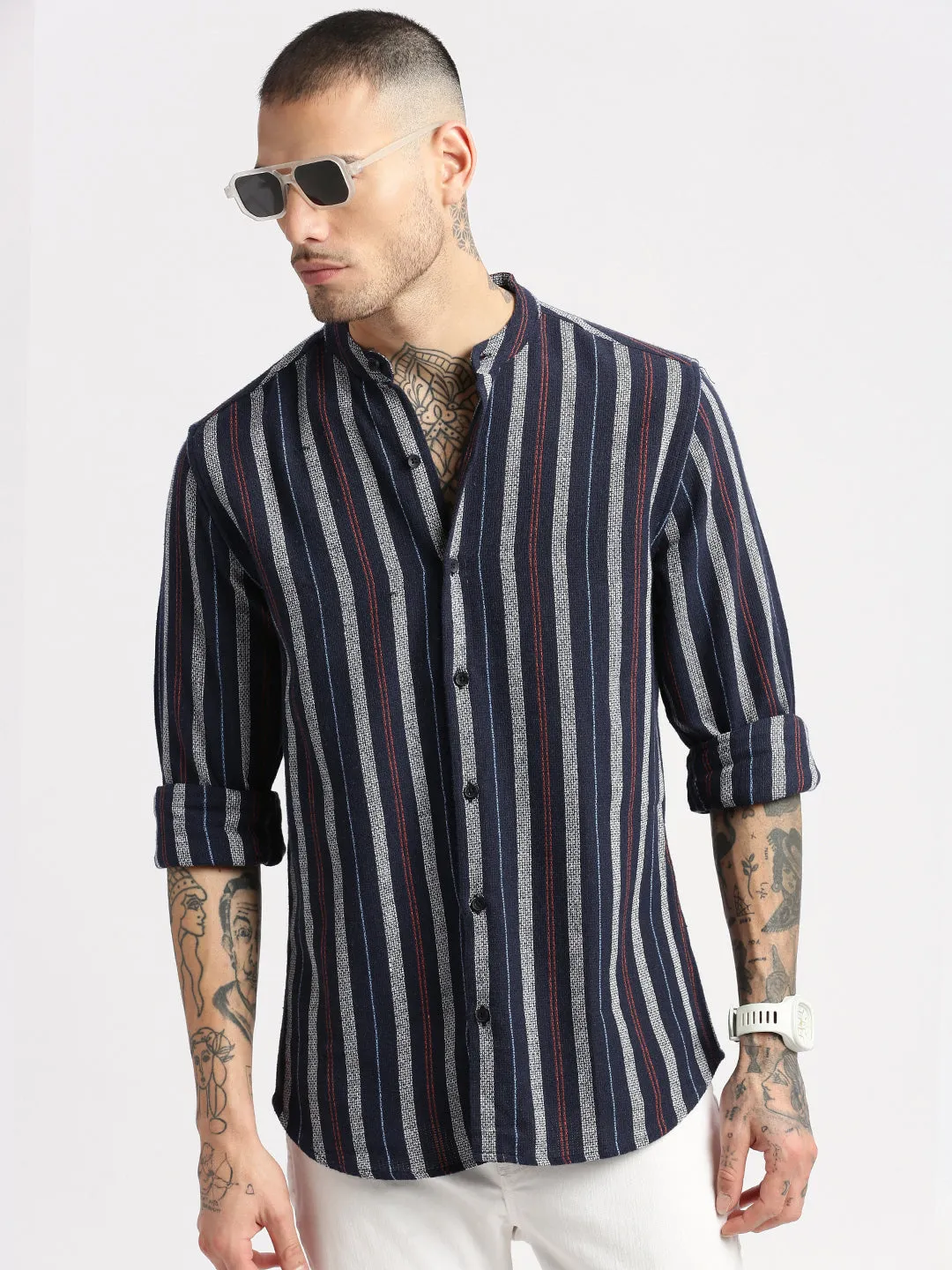 Men Mandarin Collar Vertical Stripes Navy Blue Casual Shirt
