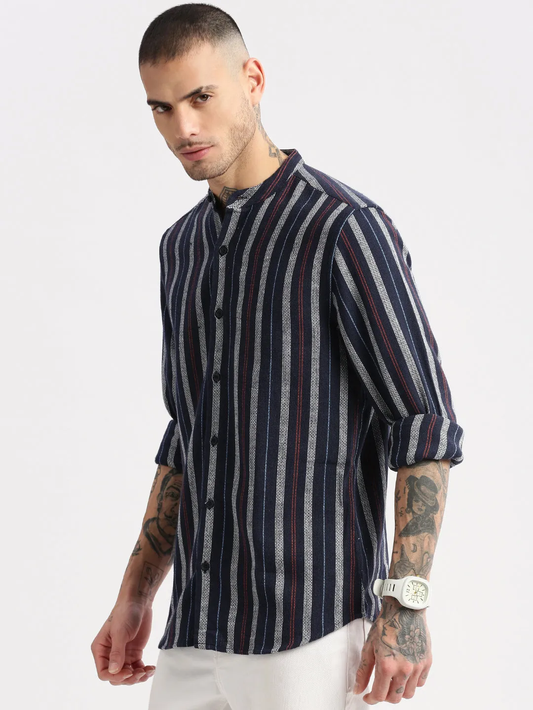 Men Mandarin Collar Vertical Stripes Navy Blue Casual Shirt