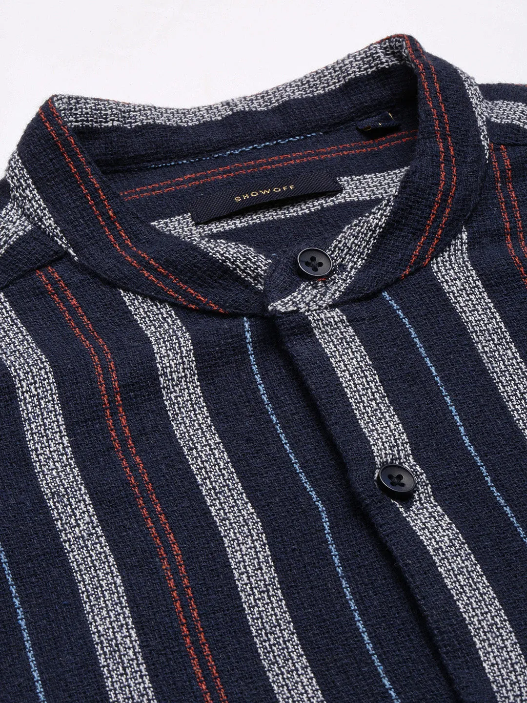 Men Mandarin Collar Vertical Stripes Navy Blue Casual Shirt