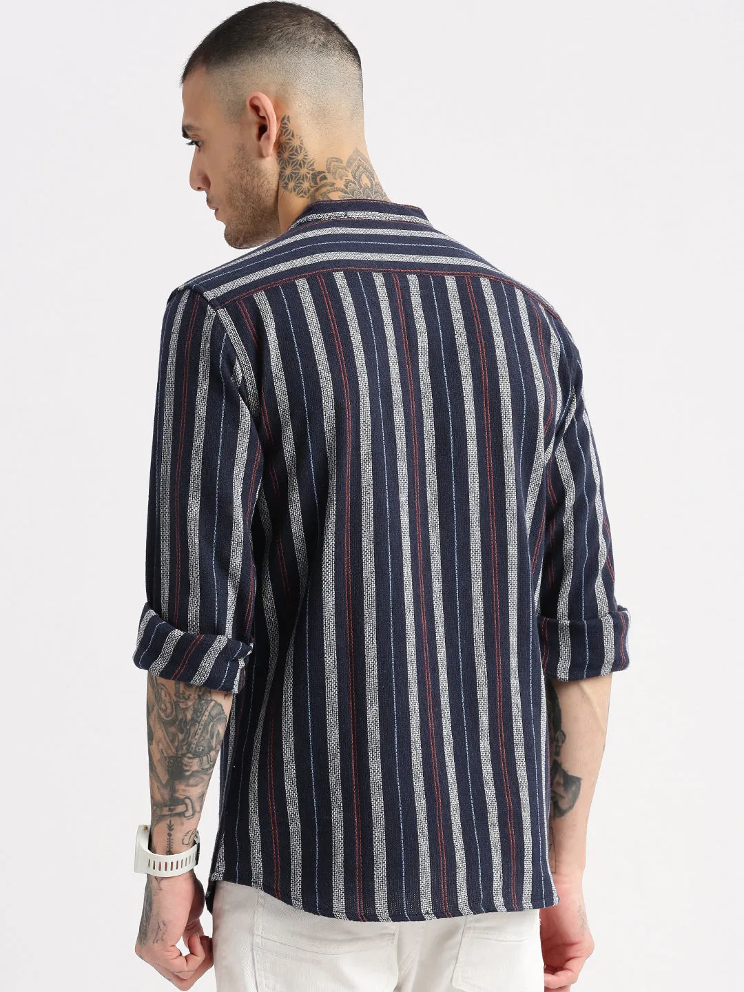 Men Mandarin Collar Vertical Stripes Navy Blue Casual Shirt