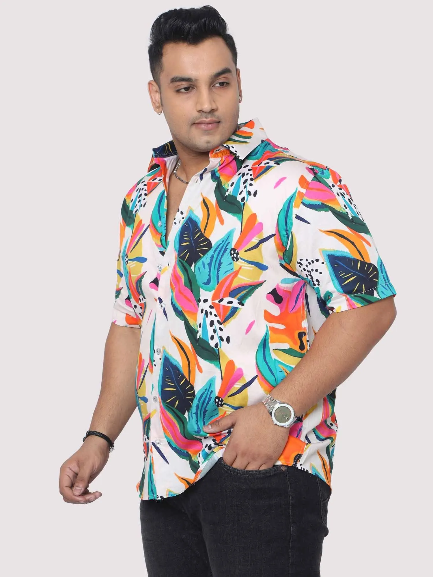 Men Plus Size Coloured Leaves Digital Printed Half Shirt