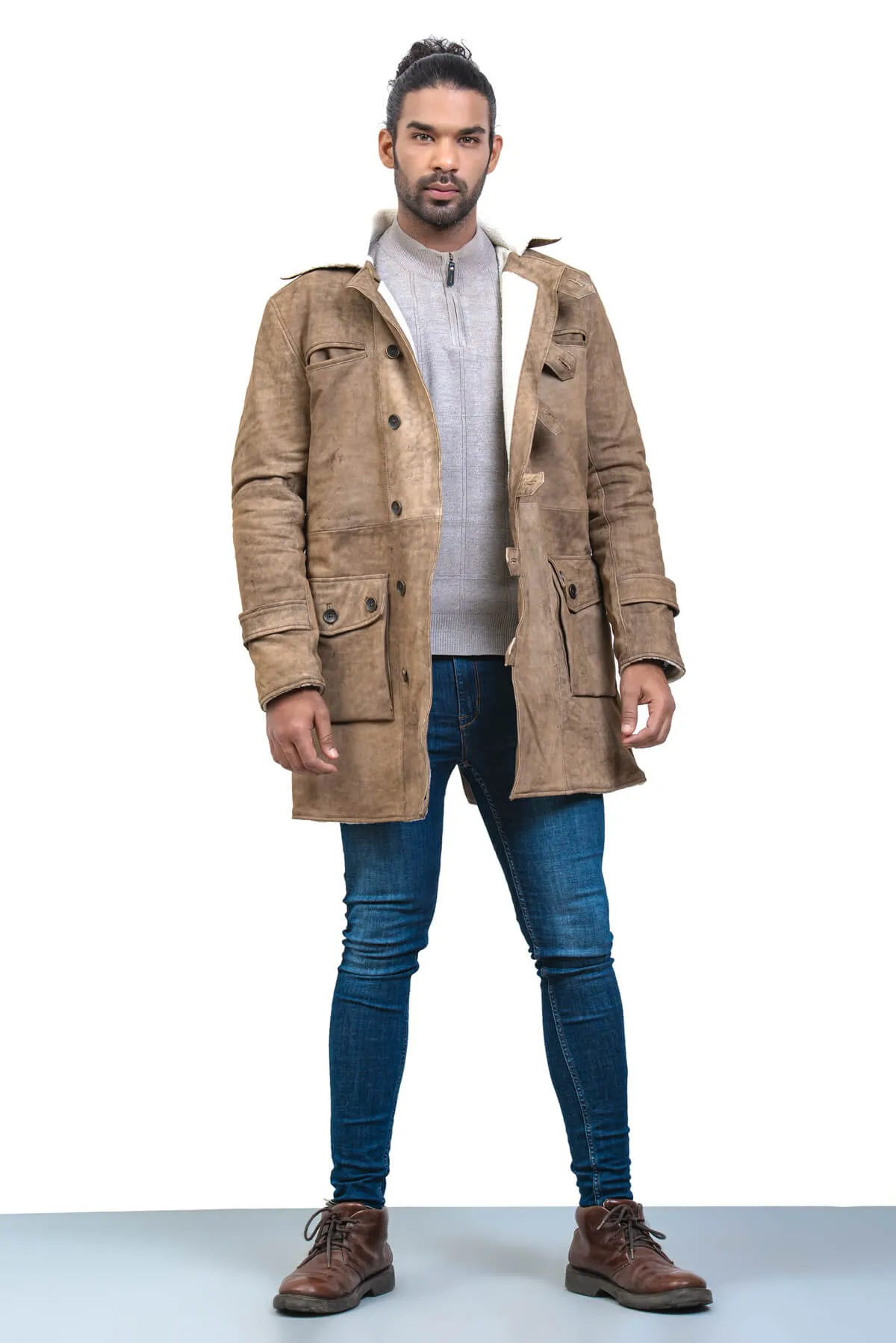 Men's Dark Knight Brown Bane Distressed Leather Coat with Shearling Lining