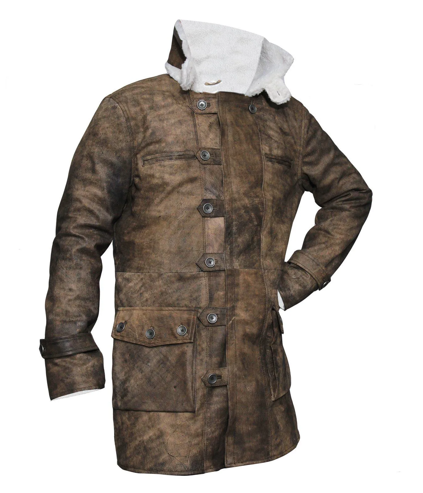 Men's Dark Knight Brown Bane Distressed Leather Coat with Shearling Lining