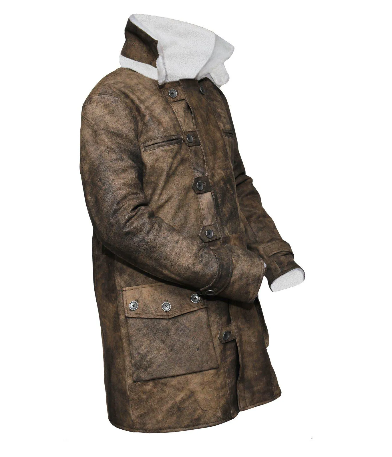 Men's Dark Knight Brown Bane Distressed Leather Coat with Shearling Lining