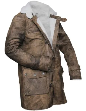 Men's Dark Knight Brown Bane Distressed Leather Coat with Shearling Lining