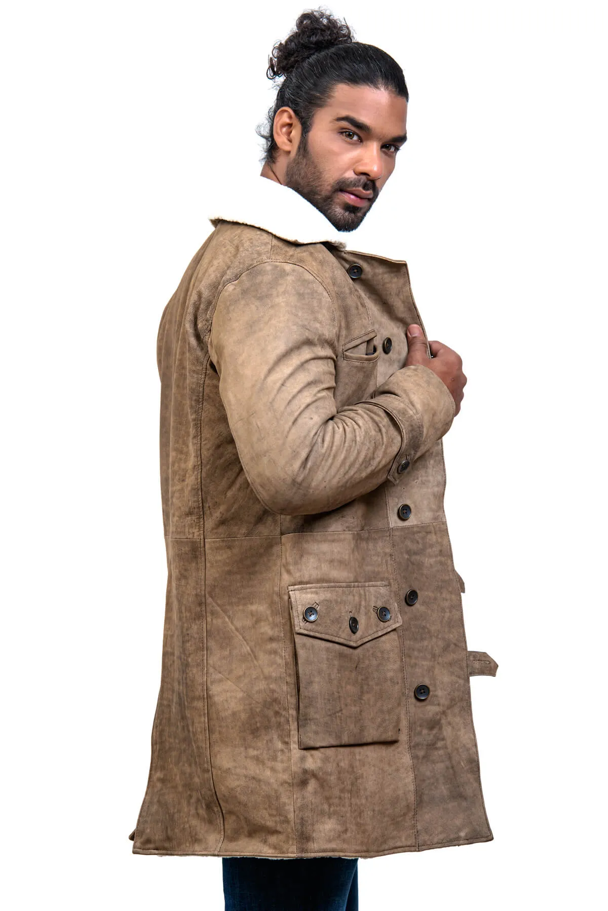 Men's Dark Knight Brown Bane Distressed Leather Coat with Shearling Lining