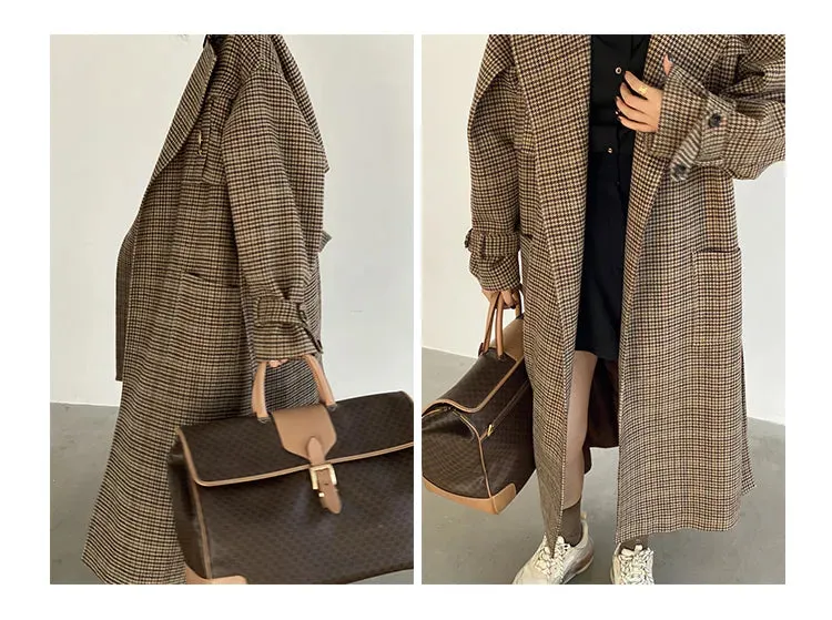Natalia Puffed Sleeve Long Plaid Woolen Coat