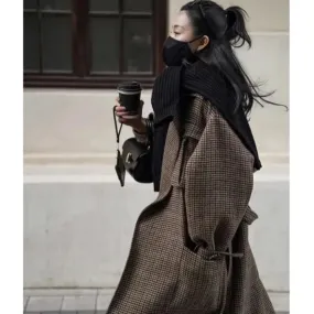 Natalia Puffed Sleeve Long Plaid Woolen Coat