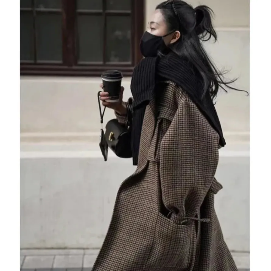 Natalia Puffed Sleeve Long Plaid Woolen Coat