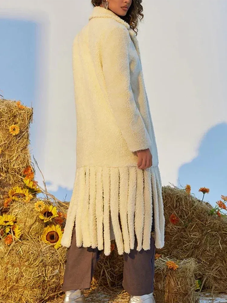 Patchwork Tassel Lambswool Solid Minimalist Coats For Women Lapel Long Sleeve Spliced Lace Up Casual Fashion Coat Female