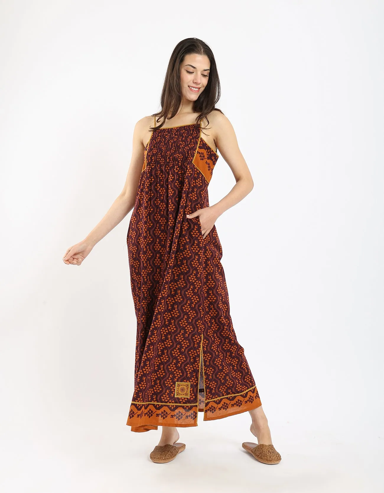 Printed adjustable sleeveless thin straps long cotton dress