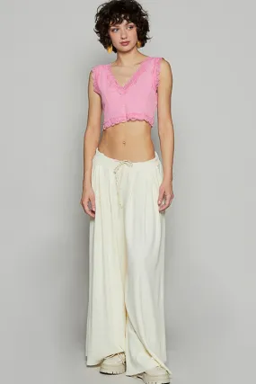 SALE* Solid Pattern Pleated Wide Leg Knit Pants - NATURAL