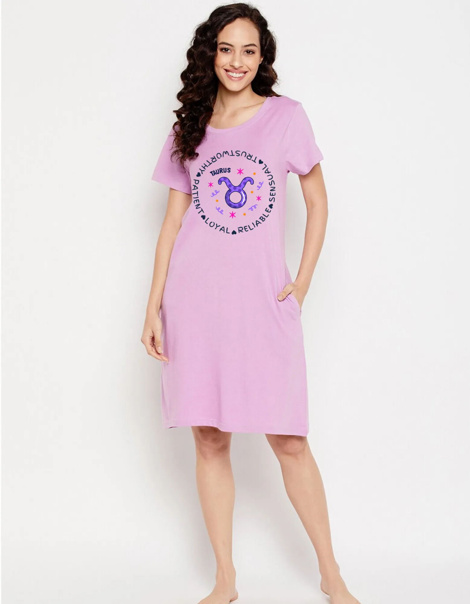 Taurus Zodiac Cotton Night T-Shirt Dress for Women