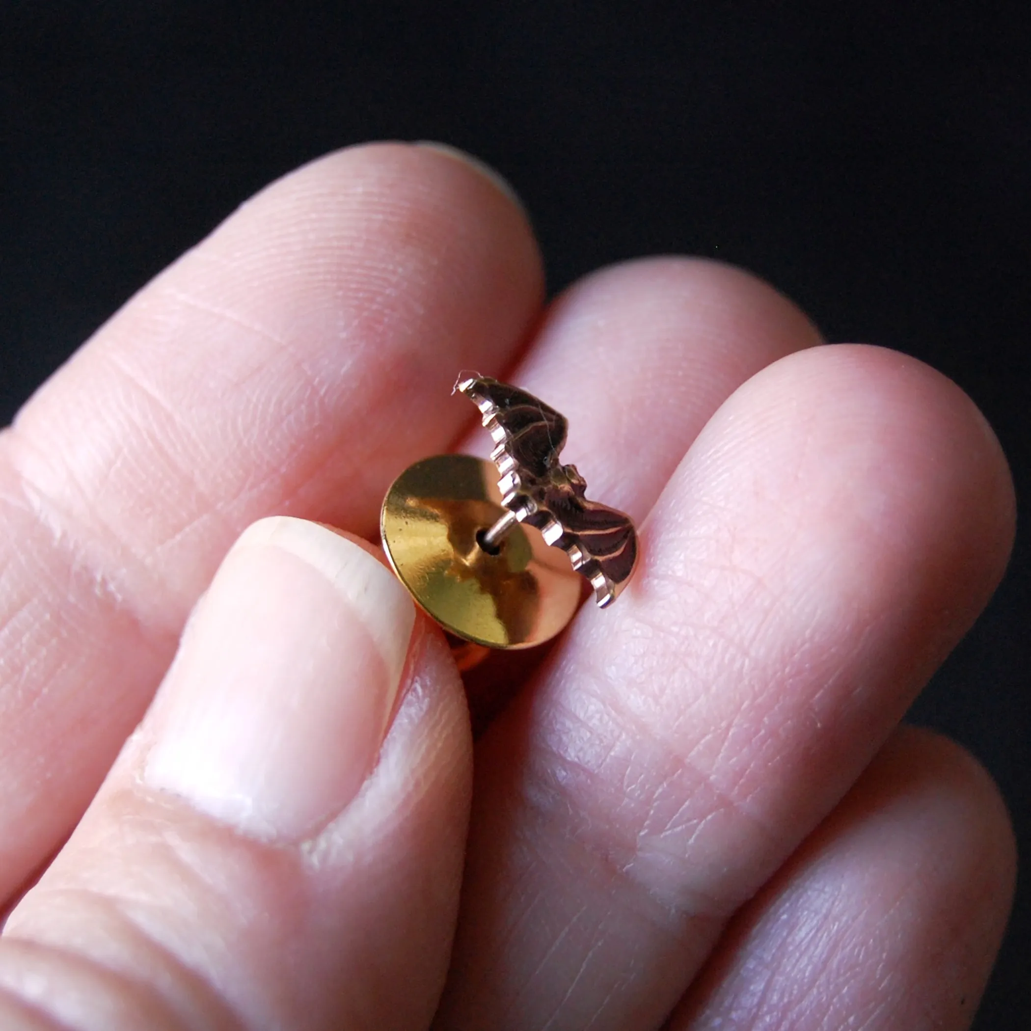 Tiny Brass Vampire Bat Tie Tack or Pin — Available in Both Bright Gold and Antiqued Brass Finishes